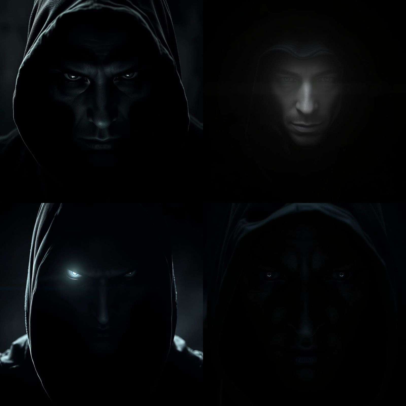 Monochrome Hooded Figure in Shadows: Cinematic 3D Rendering