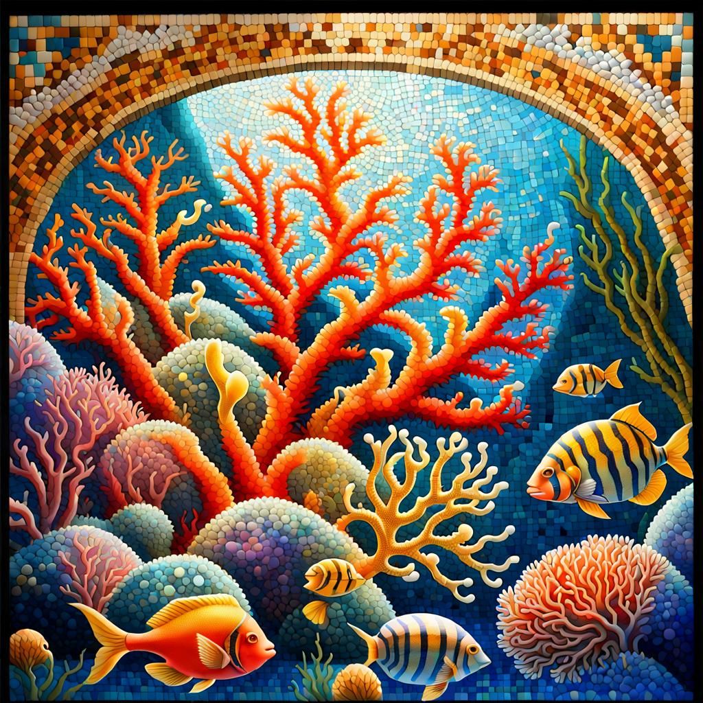 Underwater Coral Reef Mosaic in Renaissance Style