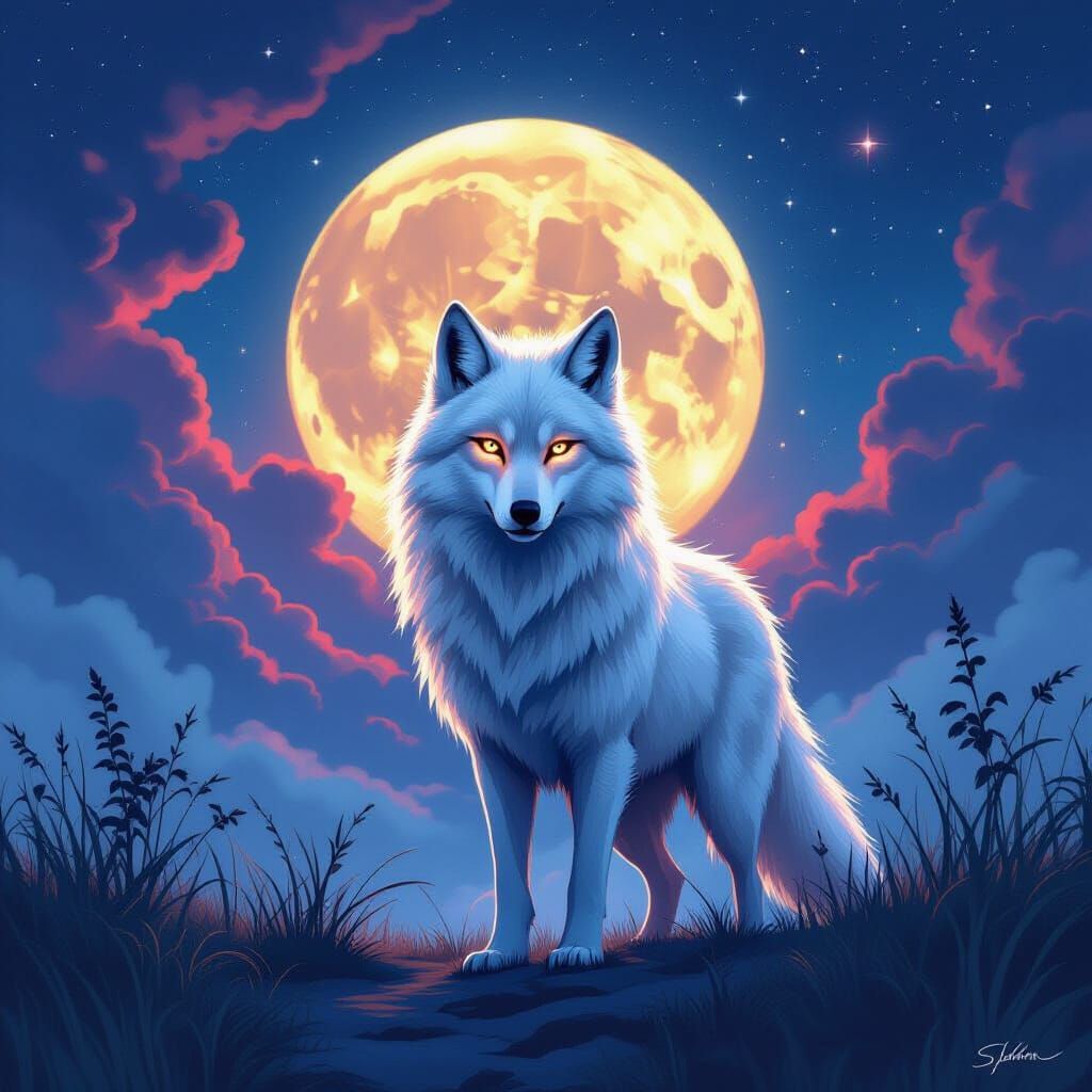 Lone Wolf Against Cosmic Nebula in Fantasy Illustration Styl...