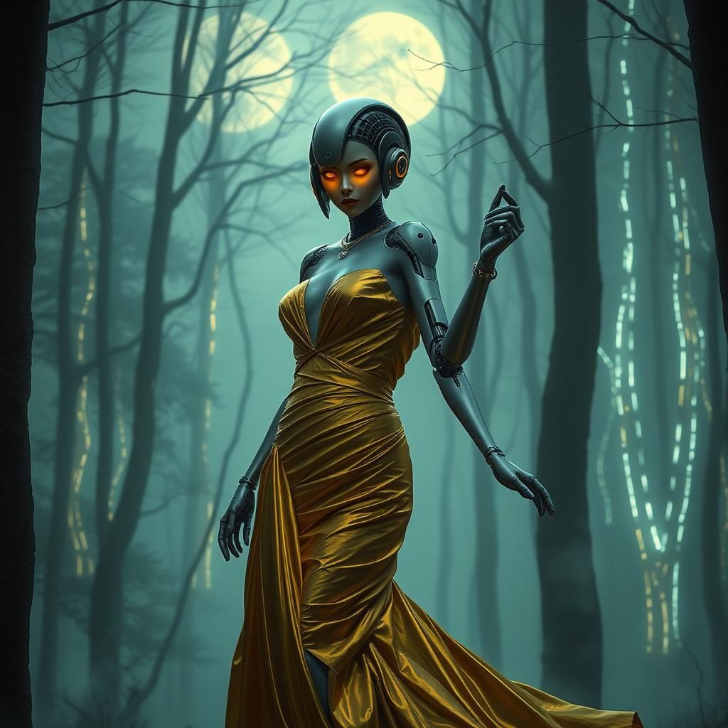 Android Girl Dancing in Cyberpunk Forest
