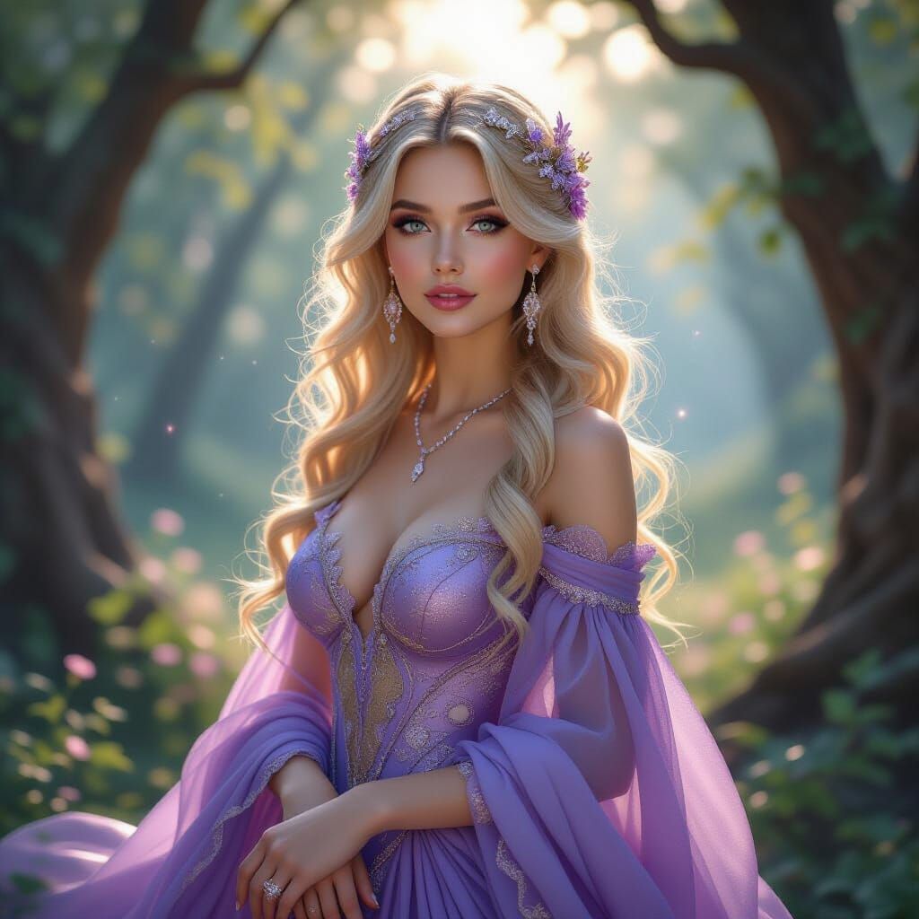 Regal Woman in Enchanted Forest, Luminous Digital Painting