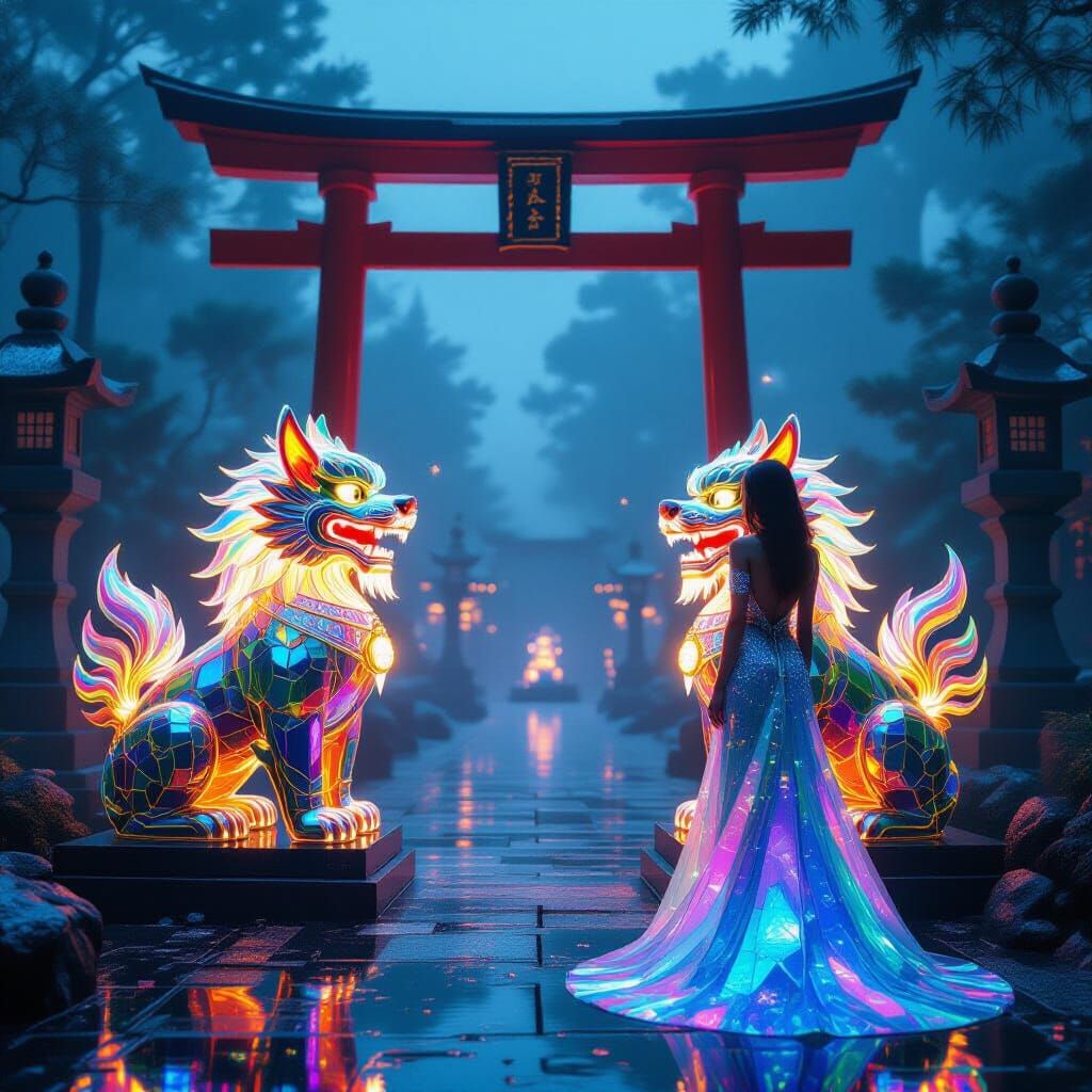 Foo Dogs of Kaleidoscopic Glass Before Torii Gate