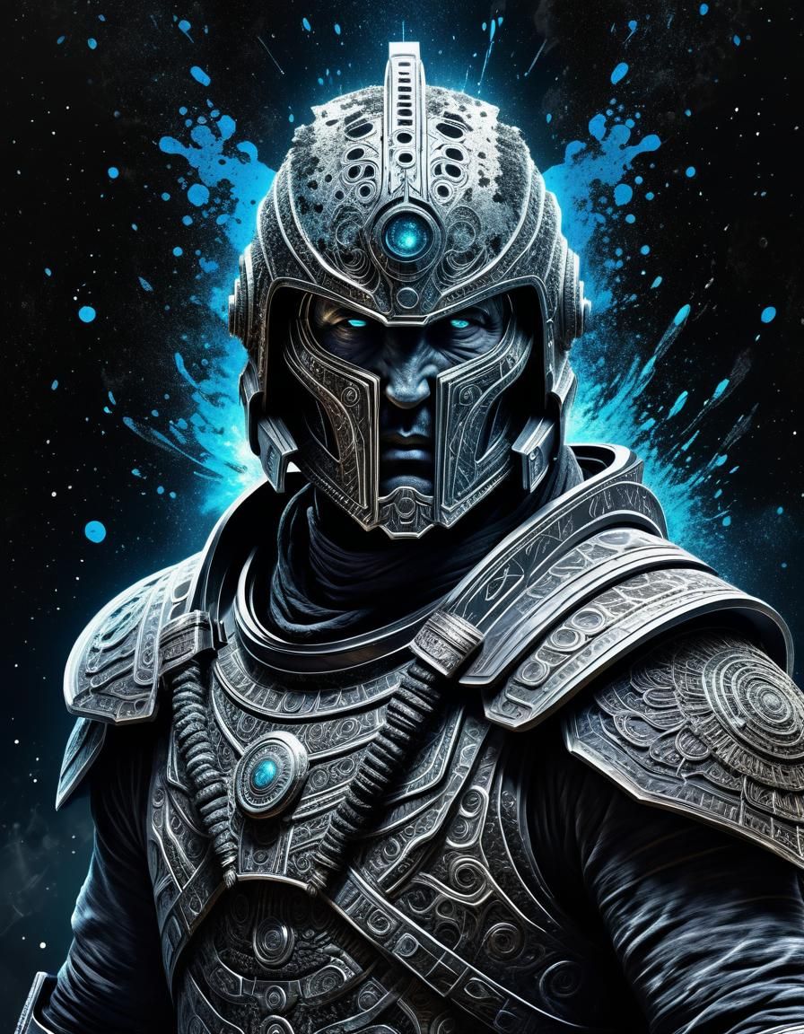 Ancient Space Warrior Portrait in Ink Splatter Art