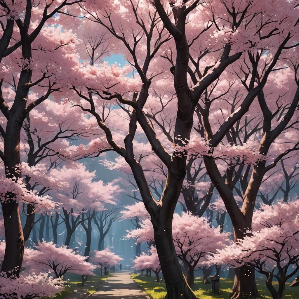 Lush Cherry Tree Forest in Anime Style