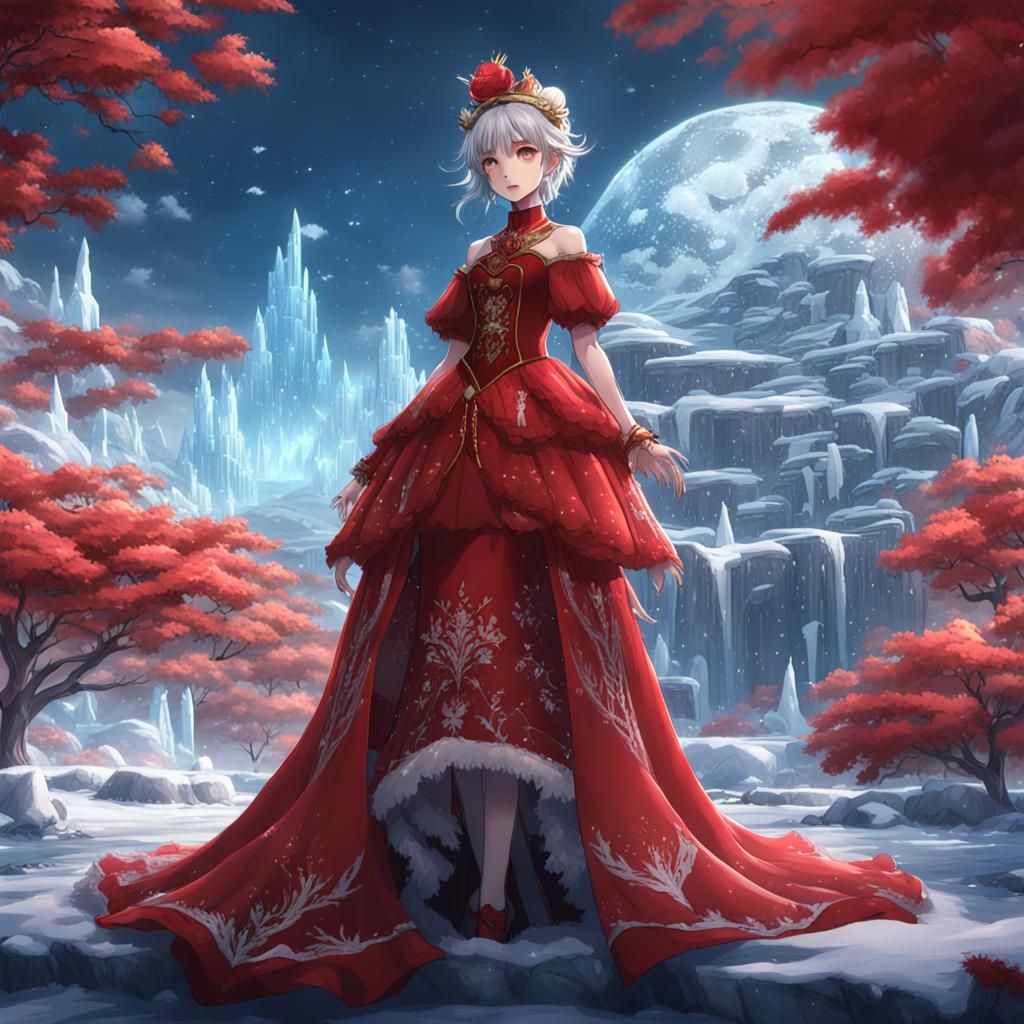 Ice Anime Girl in Red Dress: Detailed Digital Art