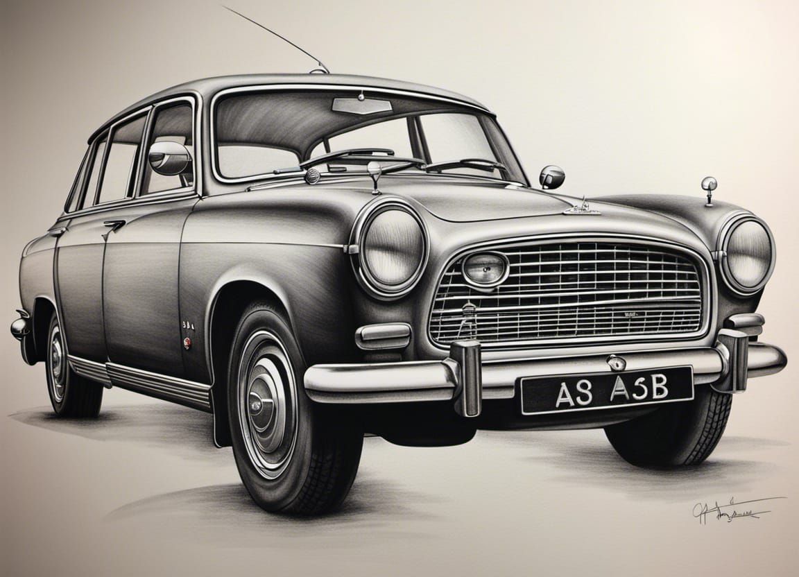 Hindustan Motors Ambassador: Hyperdetailed Charcoal Drawing