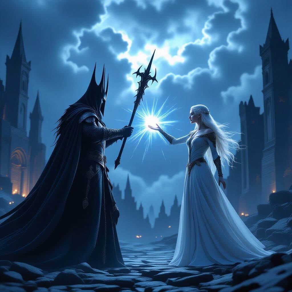 Sauron vs Galadriel Mystical Duel in Ancient Elven City