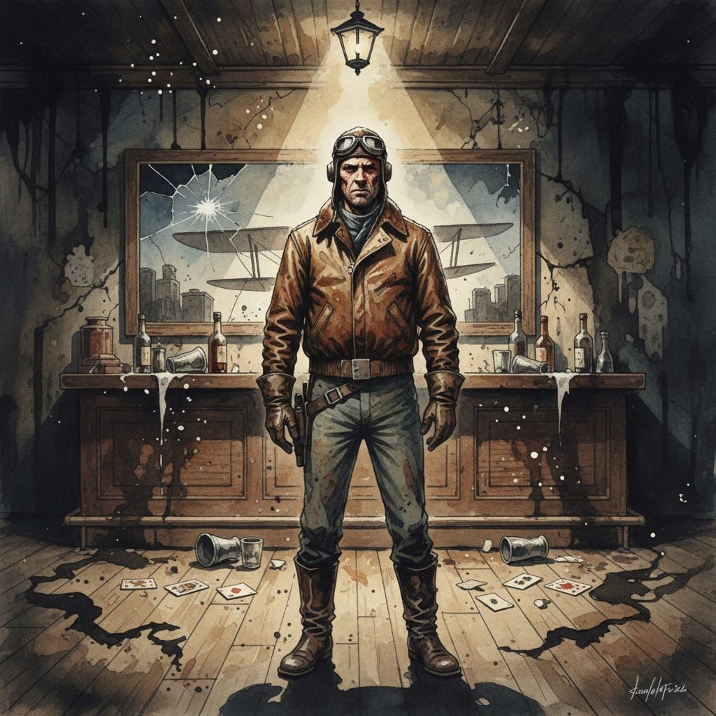 Weathered Pilot in Dusty Saloon - Watercolor & Ink