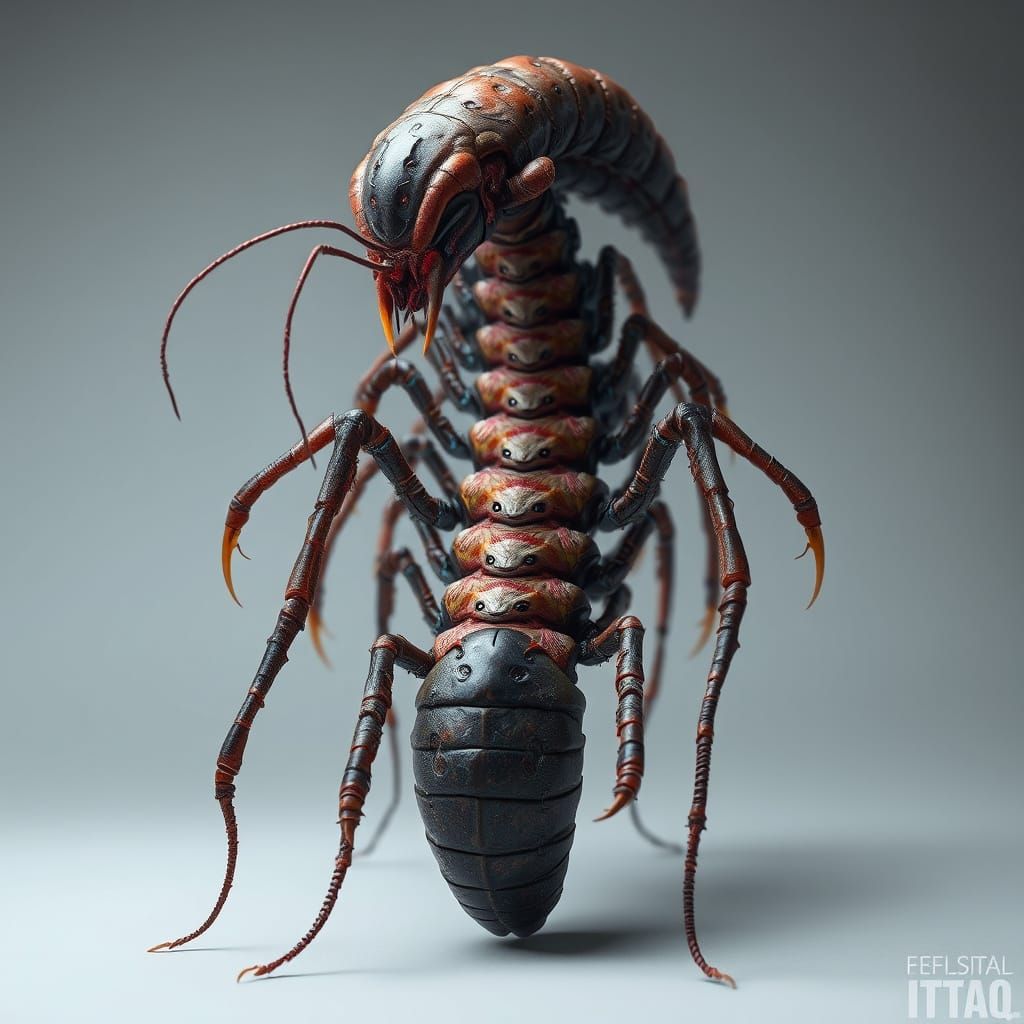 Biomechanical Centipede with Human Flesh in Dark, Surreal At...