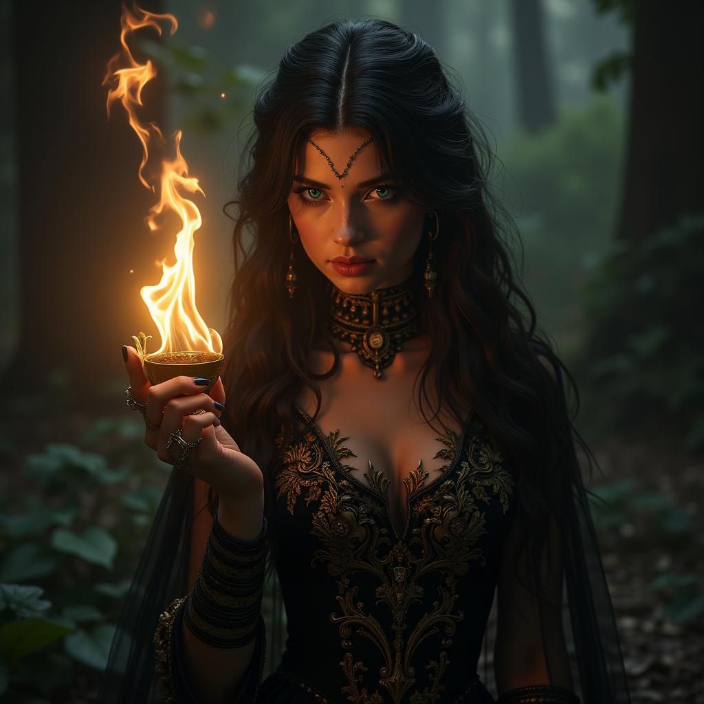 Raven-Haired Maiden in Dark Fantasy Art Nouveau Style