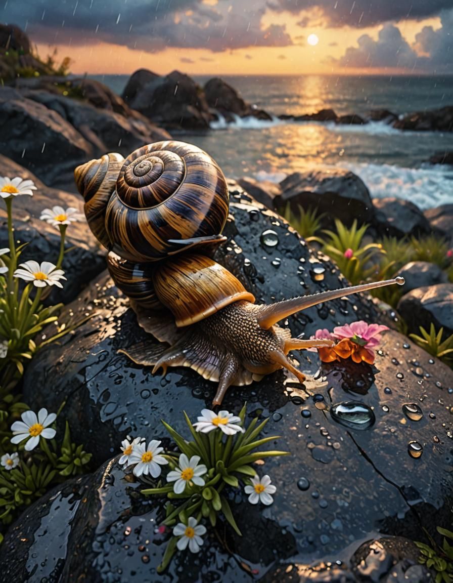 Hyperrealistic Giant Snail in Twilight