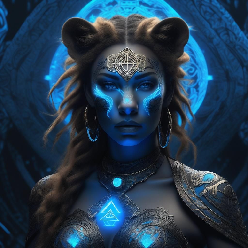 Lioness and Warrior Woman with Glowing Runes