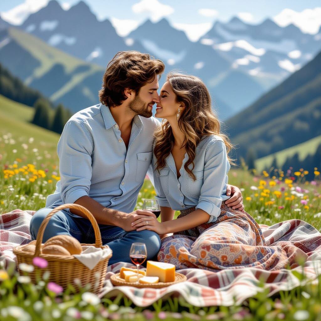 Romantic Picnic in Swiss Alps, Art Nouveau Style