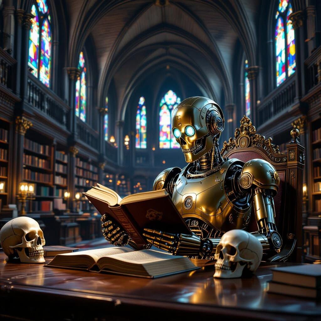 Robot Contemplates Mortality in Gothic Library