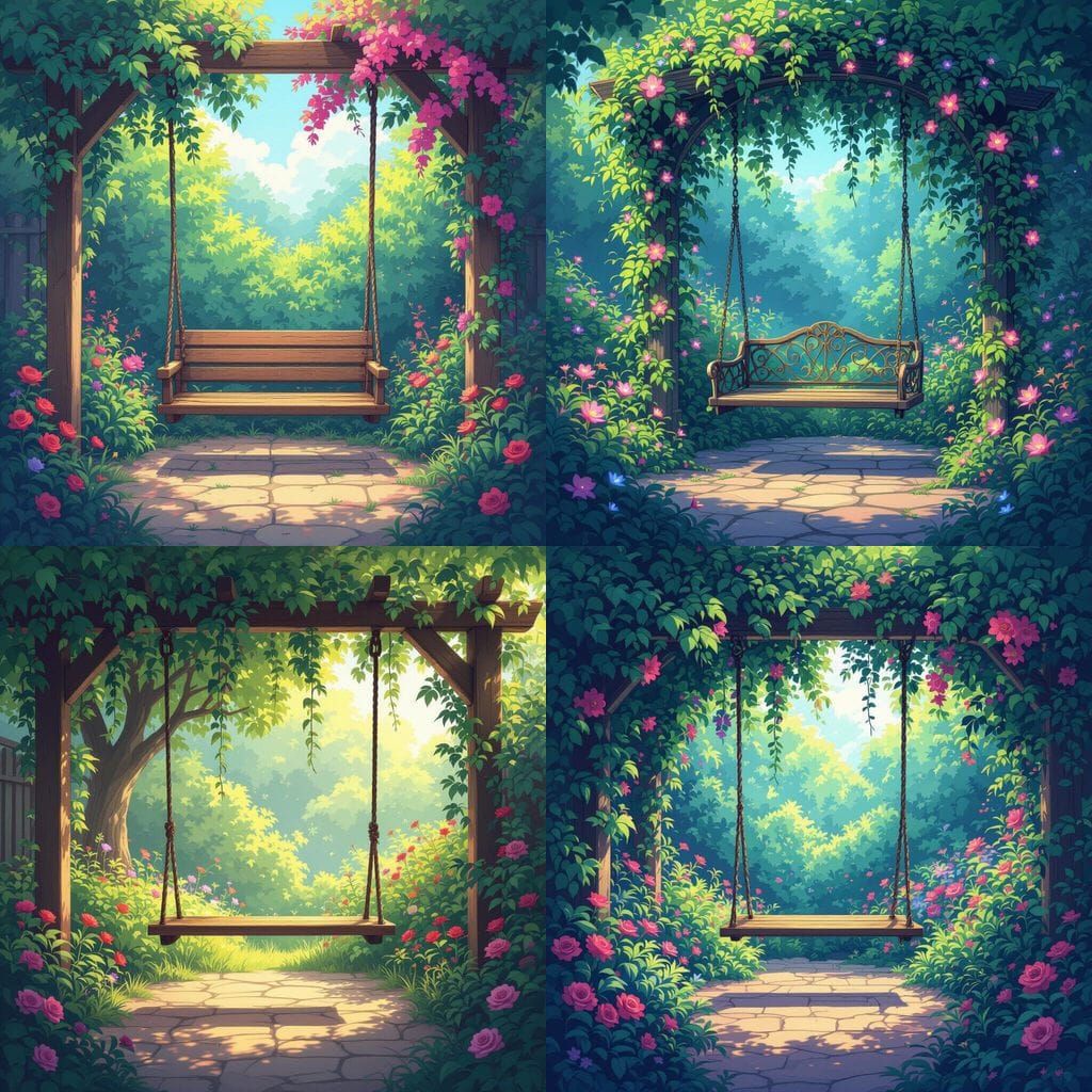 Magical Garden with Swing and Climbing Plants in Anime Style