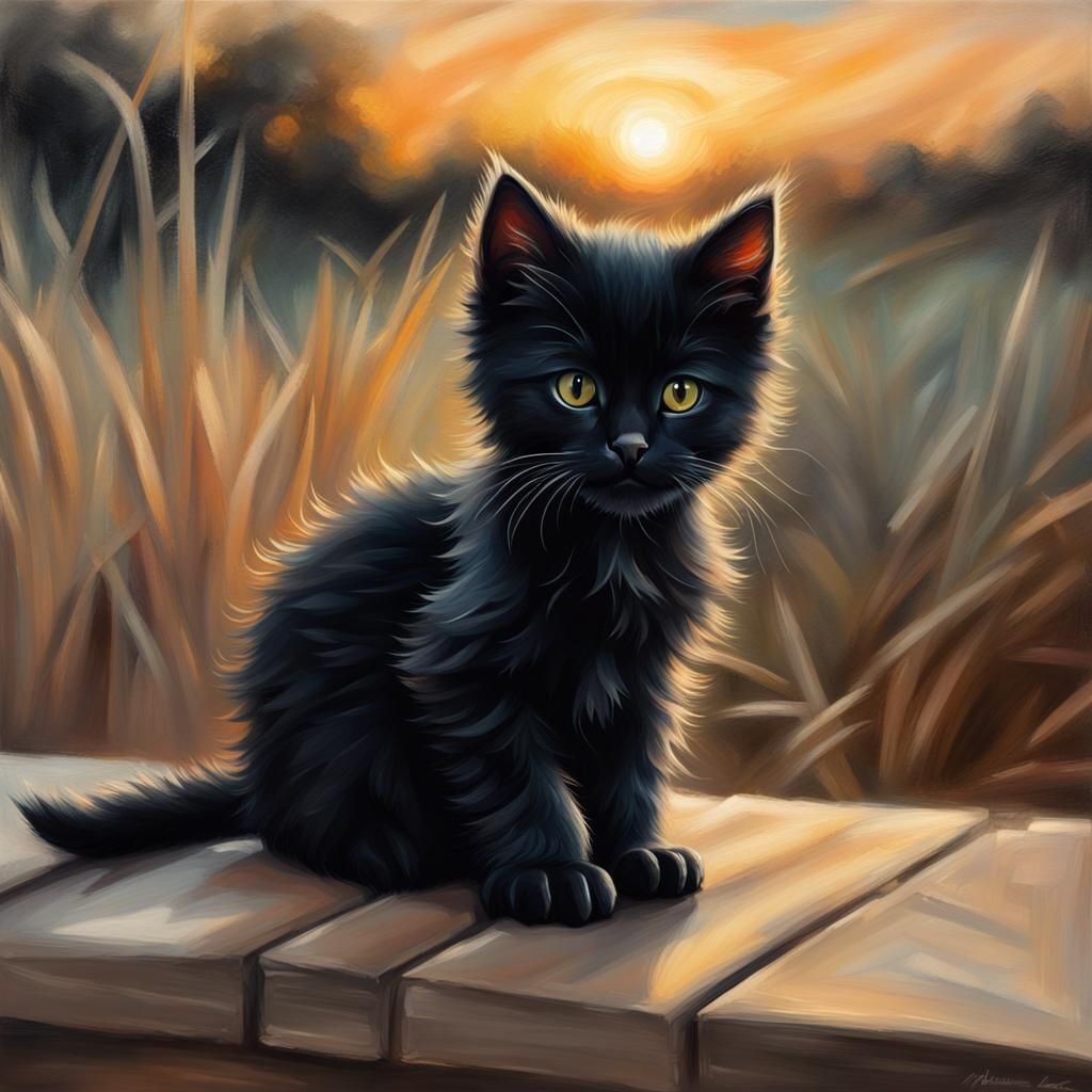 Hyper-Real Oil Painting of a Black Kitten at Sunrise