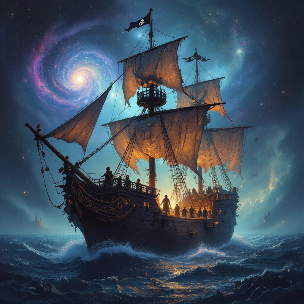 Spectral Pirate Ship Sails Galaxy in Gothic Horror Style