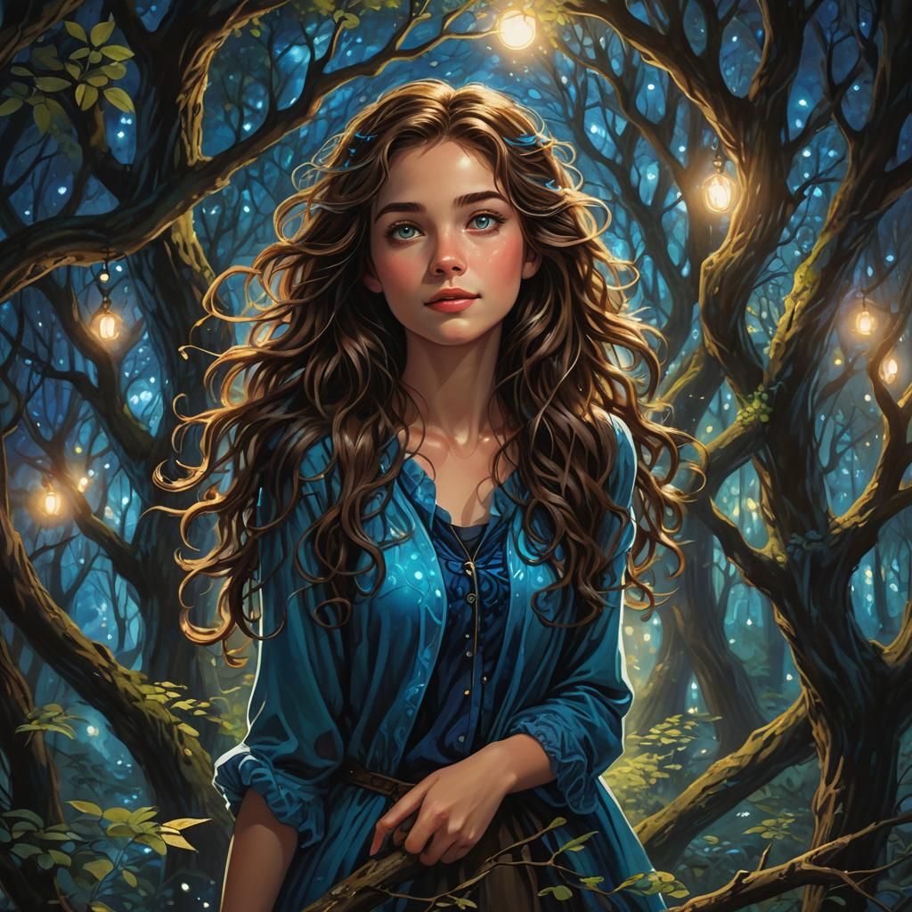 Mystical Girl in Forest with Bioluminescent Eyes