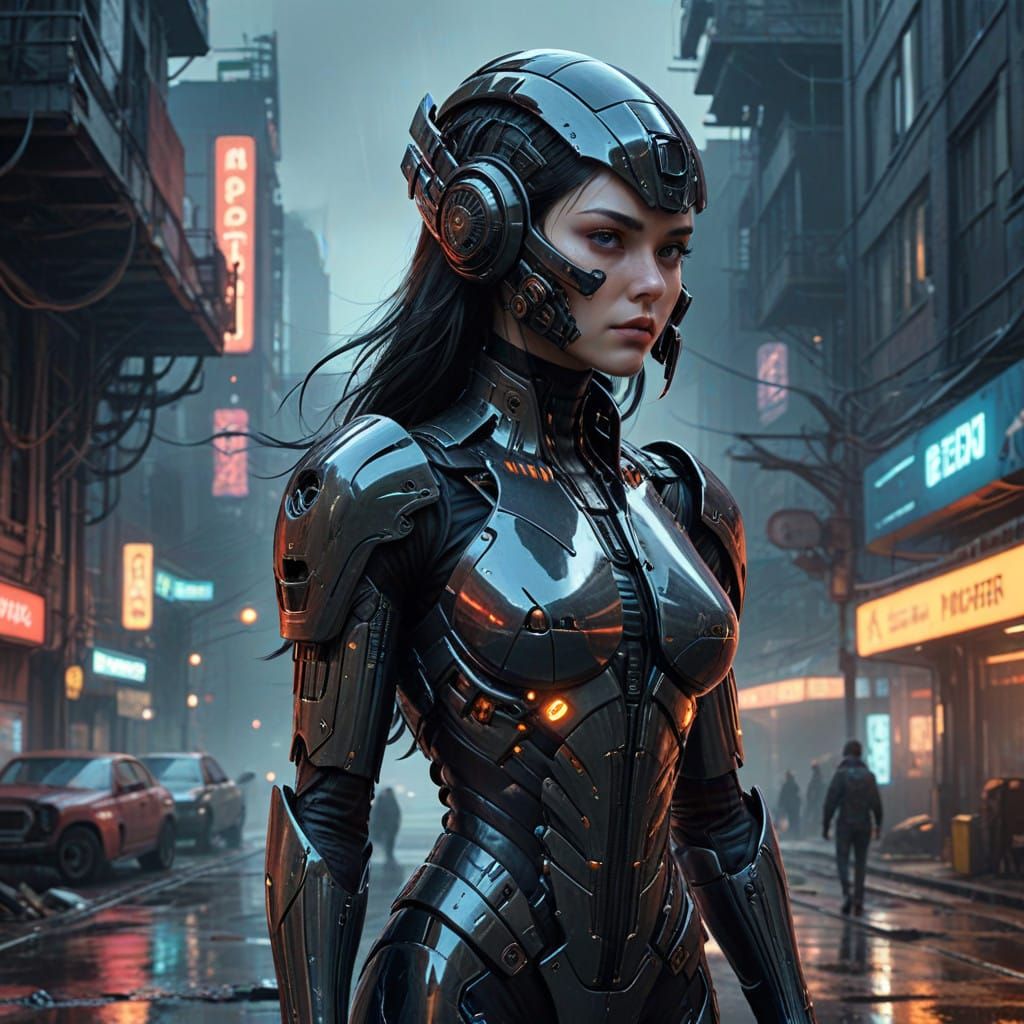 Futuristic Cyberpunk Heroine in High-Tech Exosuit