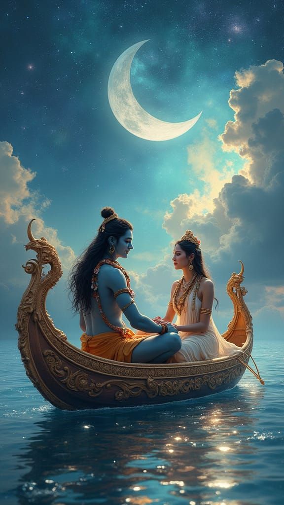 Ethereal Cosmic Boat Scene with Lord Shiva and Goddess Parva...