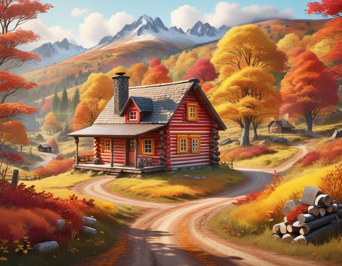 Picturesque Autumn Countryside Scene with Log Cabin
