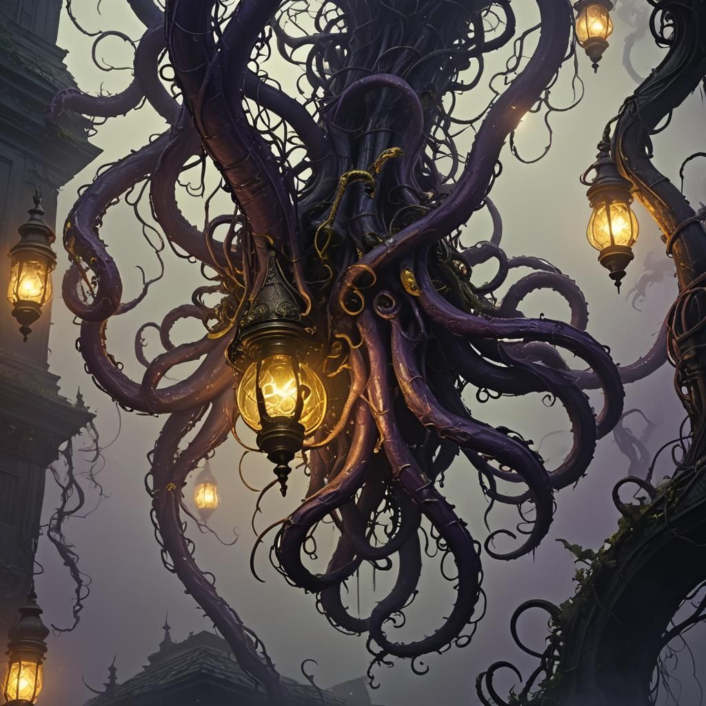 Biomechanical Lovecraftian Lamp in Eerie Fog