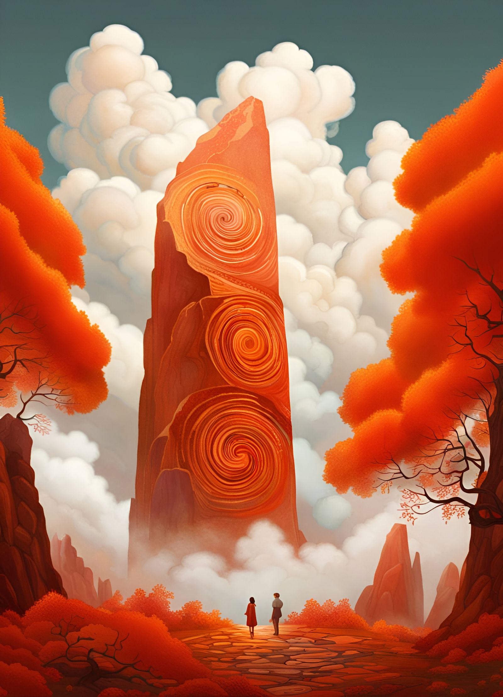 Spiraling Red Rock Monolith with Clouds and Leaves