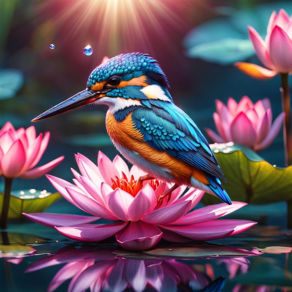 Crystal Kingfisher with Water Lilies, Fantasy Art