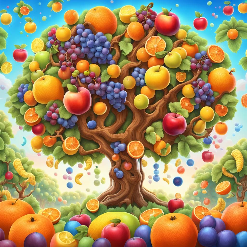 Colorful Candy Tree with Fruit, Digital Illustration