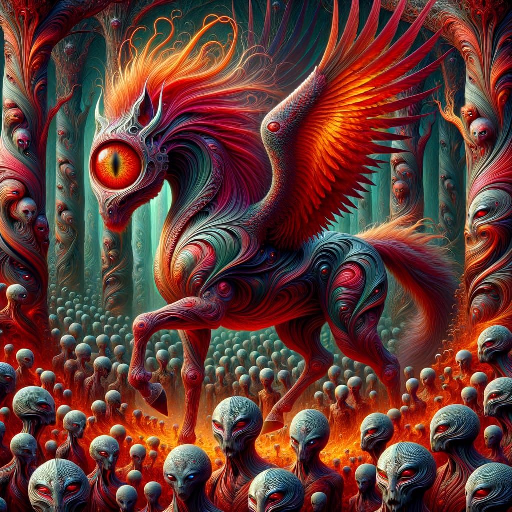 Mystical Red Centaur with Wings of Fire Amidst a Surreal For...