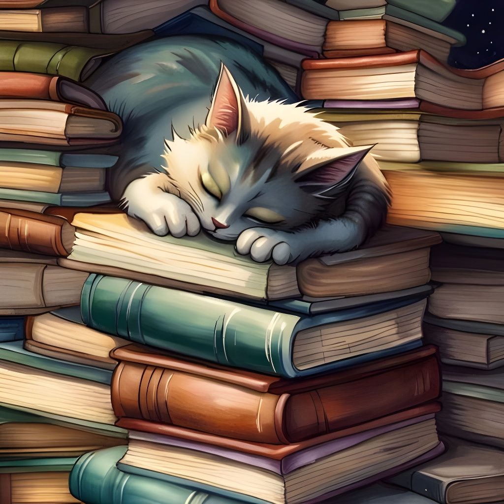 Cat Napping on Books, Watercolor Maximalist Style