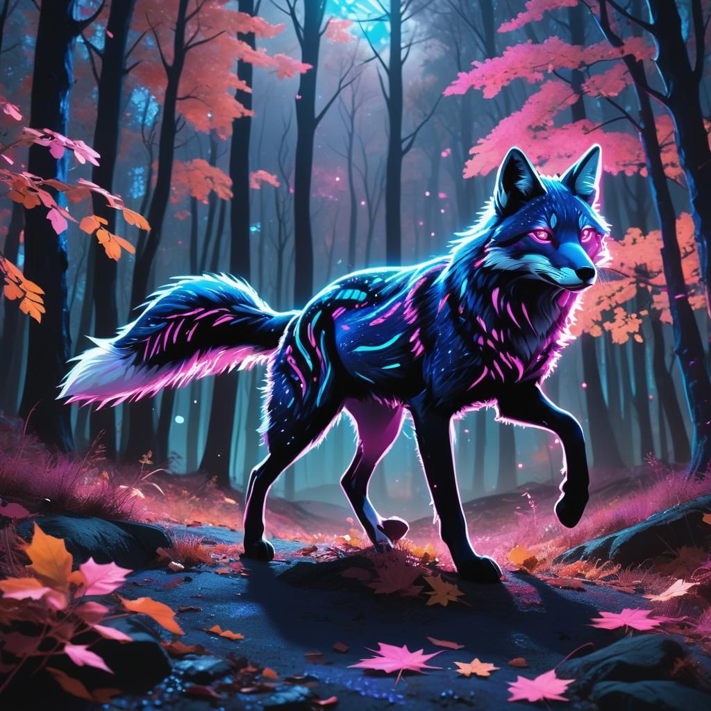 Synthwave Fox Galloping Through Moonlit Forest