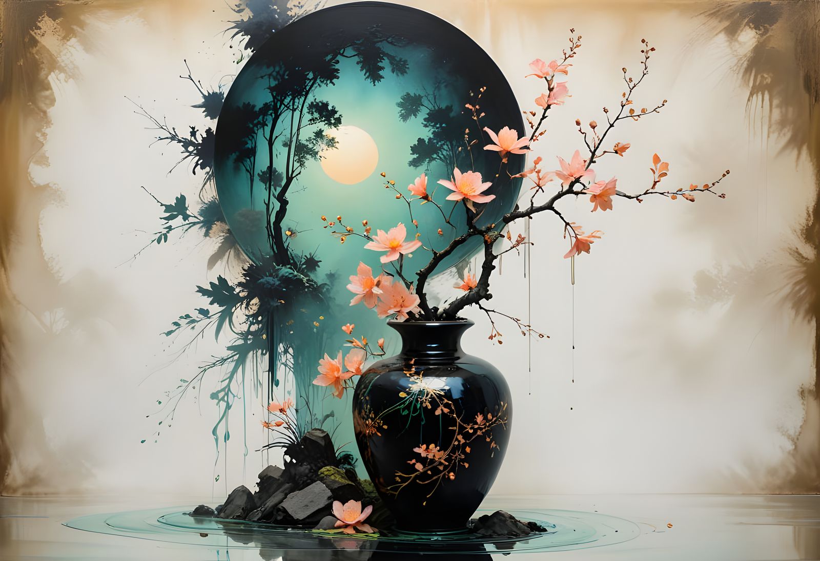 Bioluminescent Ikebana in Sumi-e Style