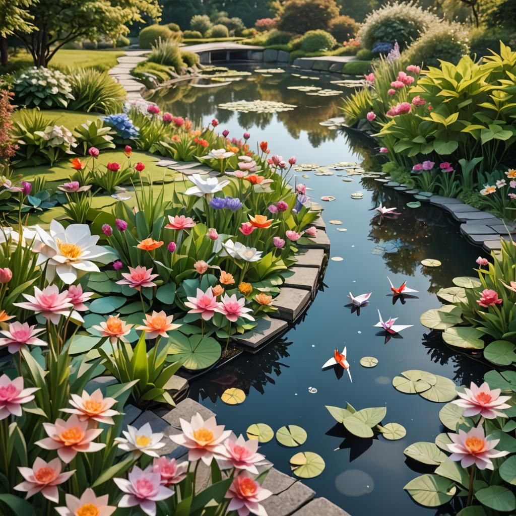 Origami Flowers Around a Pond Papercraft