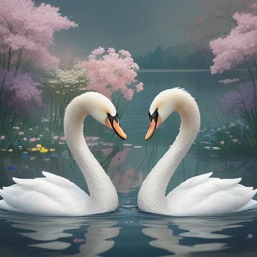 Hyperrealistic Swan Princes on a Flower Lake