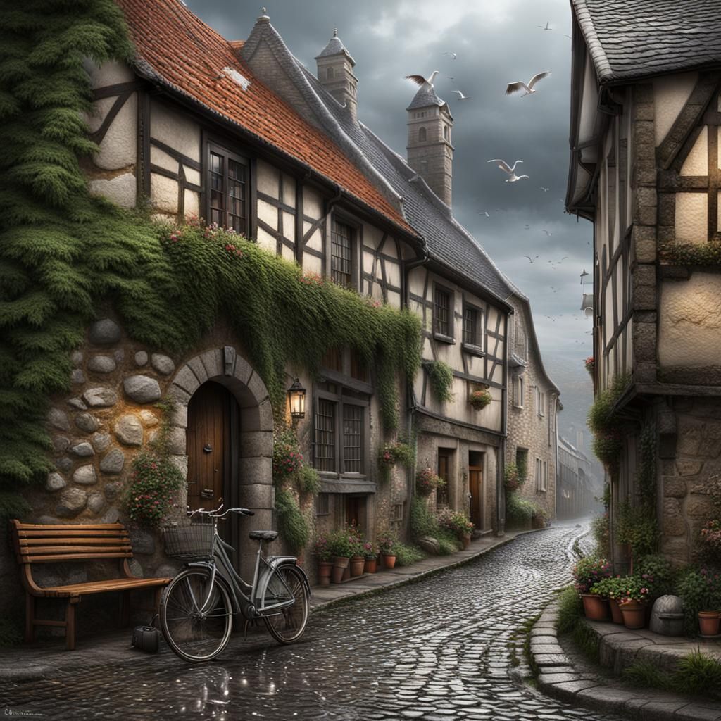 Rainy Day in a Medieval Village