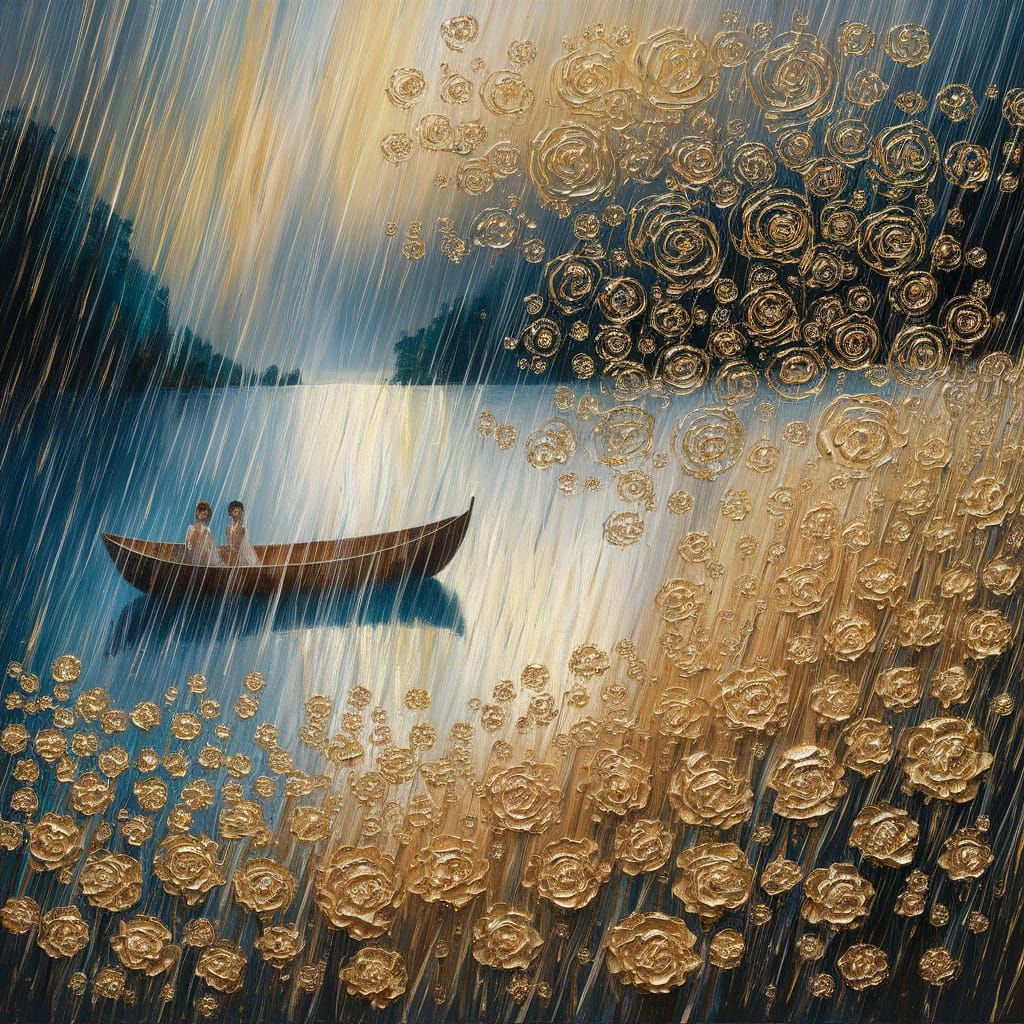Rainy Lakeside Scene Impasto Painting in Klimt Style