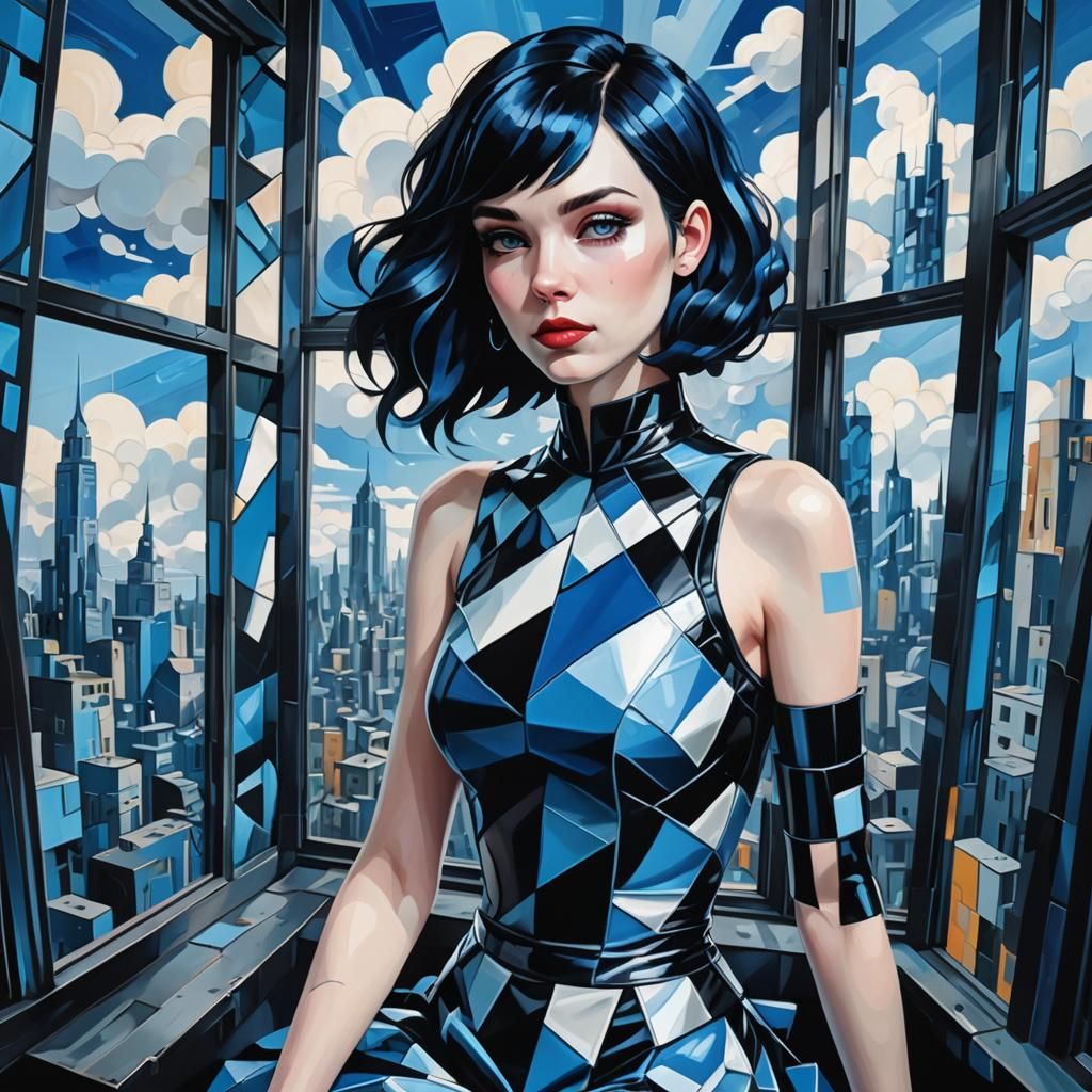 Gothic Cyberpunk Girl with Clouds, Cubist Digital Art