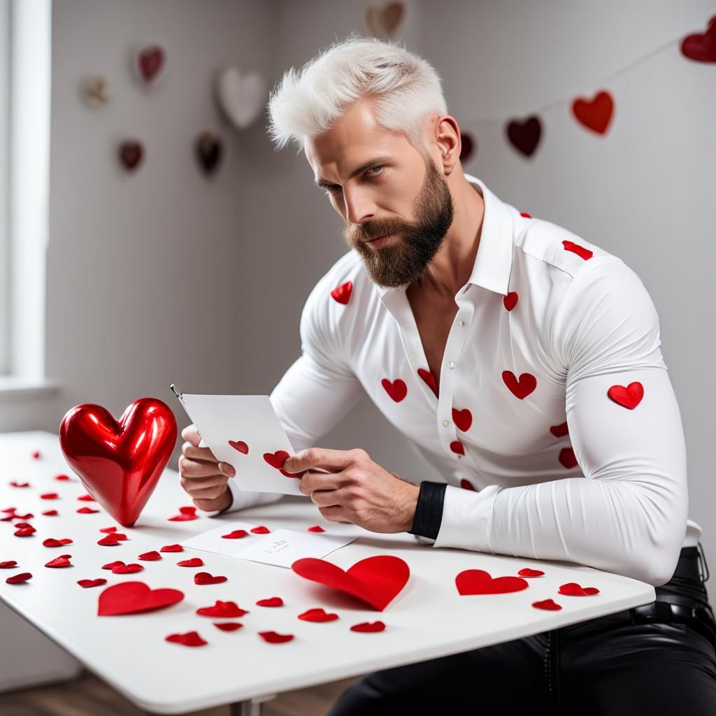 Handsome Man Writes Valentine Postcard in Latex Shirt