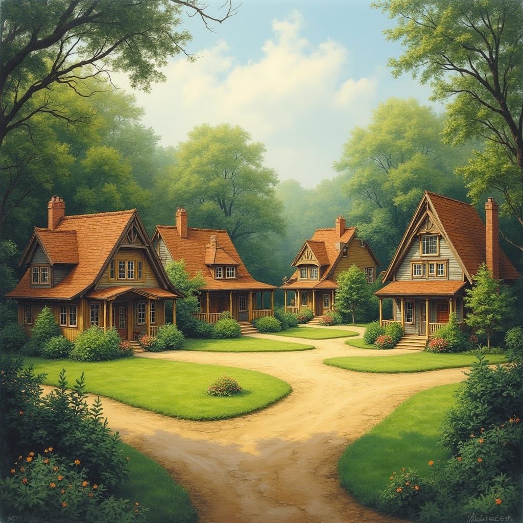 Rural Village Houses in Impressionistic Style