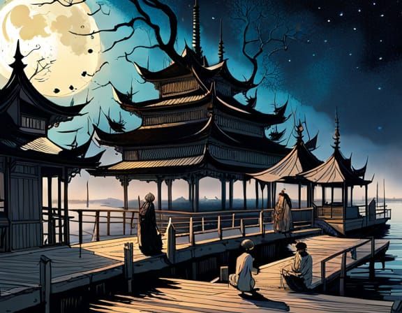 Moonlit Fishing by Pagoda: Surrealist Ink Illustration