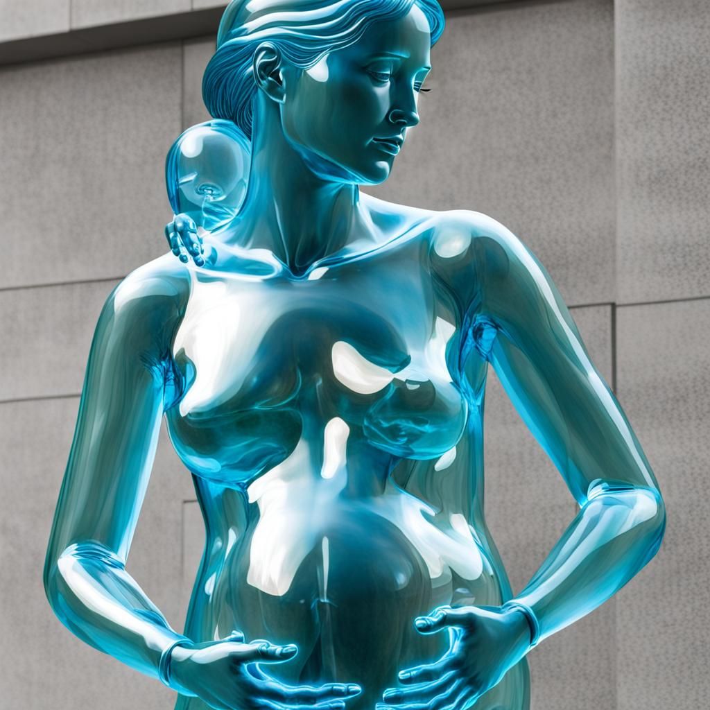 Transparent statue of glass pregnant woman with a visible child inside the belly