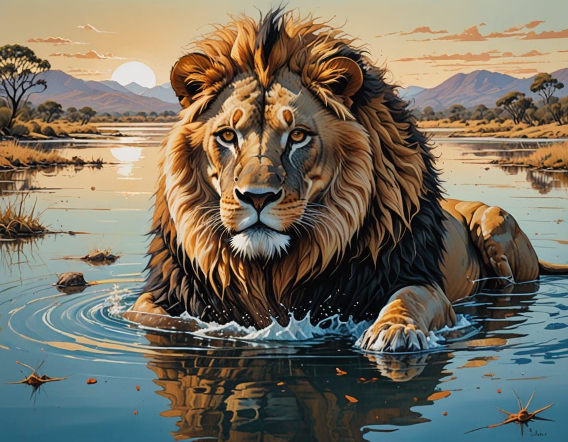 Regal Lion Pair Basks in Vibrant Sunset