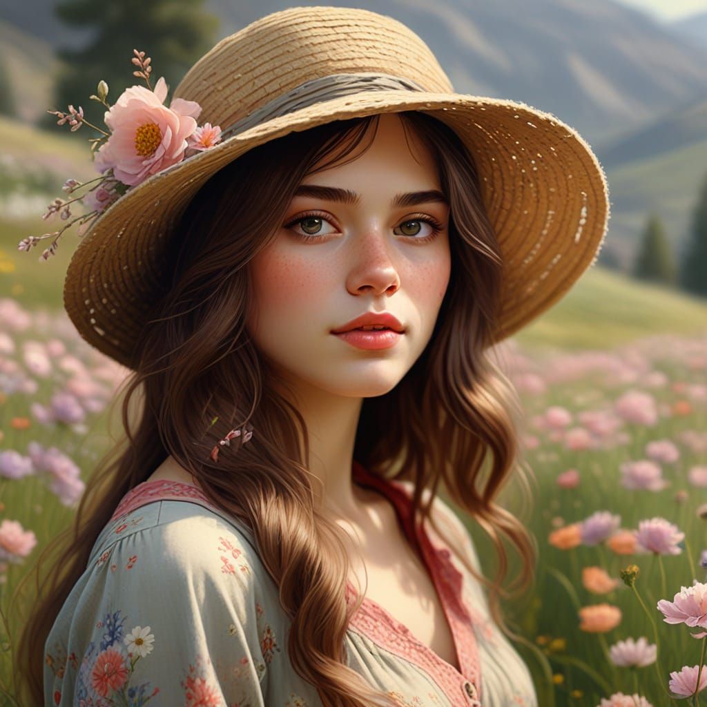 Woman in a Serene Mountain Meadow, Floral Hat and Dress