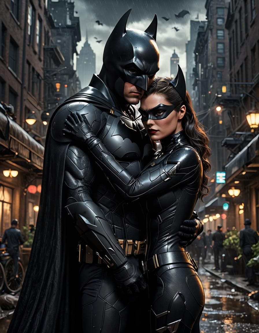 Batman and Catwoman Embrace: 8k Photorealistic Render