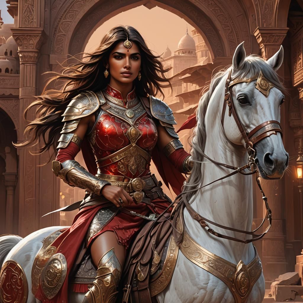 Arabian Warrior Girl on Horse in Moonlight
