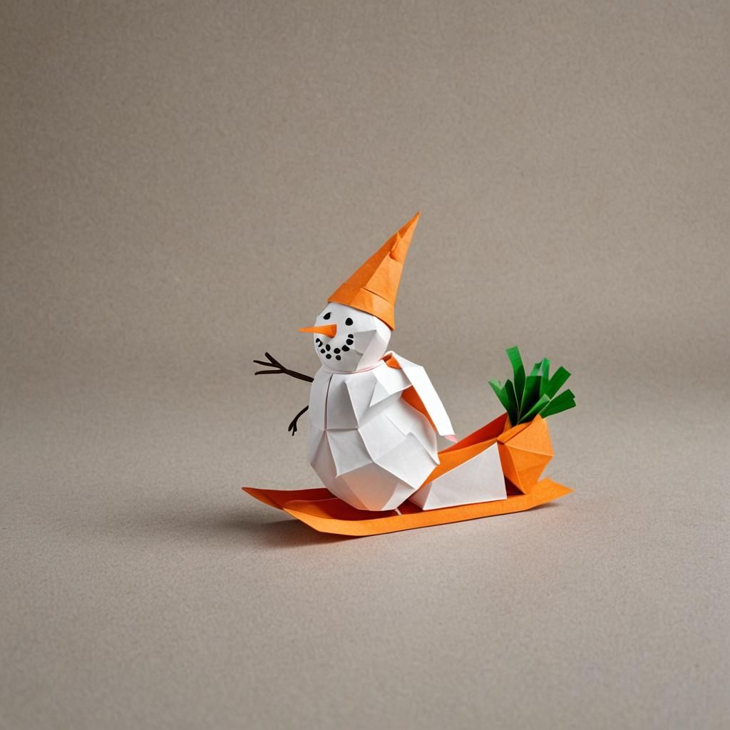 Snowman Rides Sled: Origami Papercraft in 8K