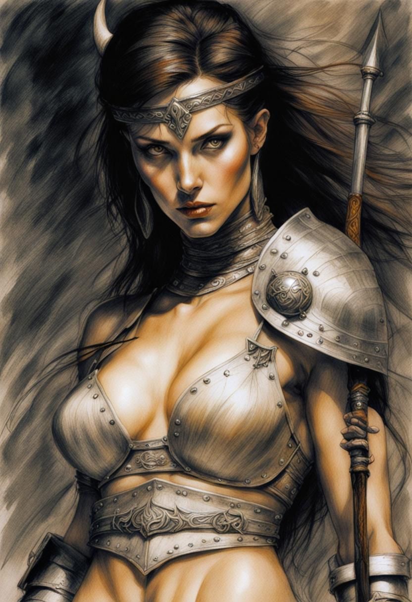 Luis Royo, pencil sketch of {a viking warrior woman dressed in armor, holding a sword} Soft paper drawn by Luis Royo wit...