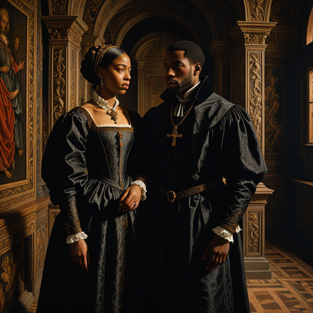 A Black Couple in Elegant Gothic Attire in a Dimly Lit Chamb...