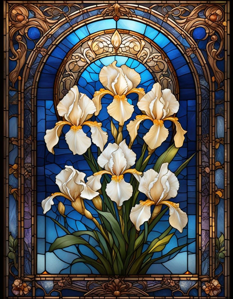 Art Nouveau Stained Glass Iris Flowers in Golden Light